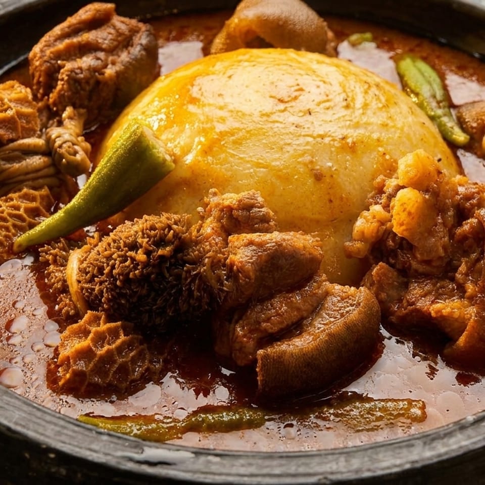 A close-up of a traditional African dish with fufu, meat, and okra in a dark bowl.