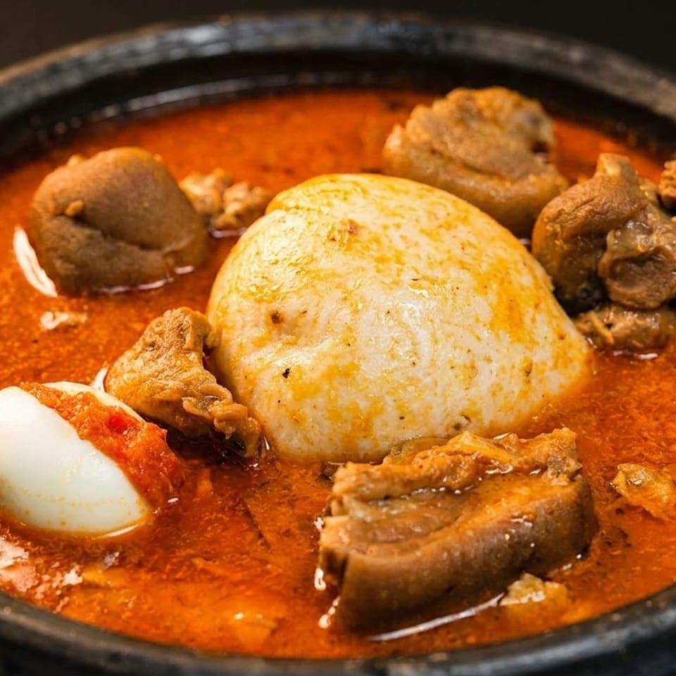 Fufu and goat light soup with a hard-boiled egg in a traditional dark bowl.