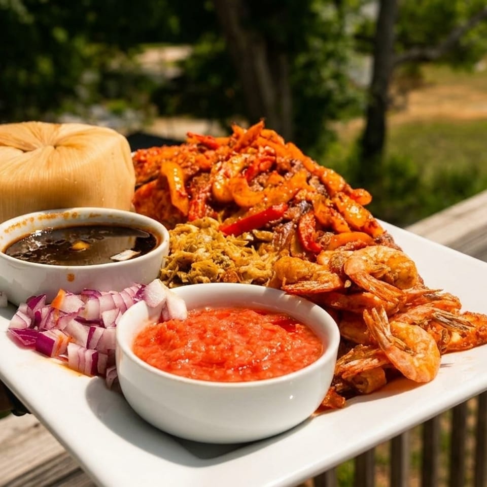 A large platter of shrimp, sauces, and a tamale-like dish, held outdoors on a deck.