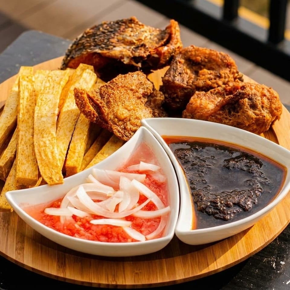 Fried fish and yam fries with two dipping sauces on a wooden platter outdoors.