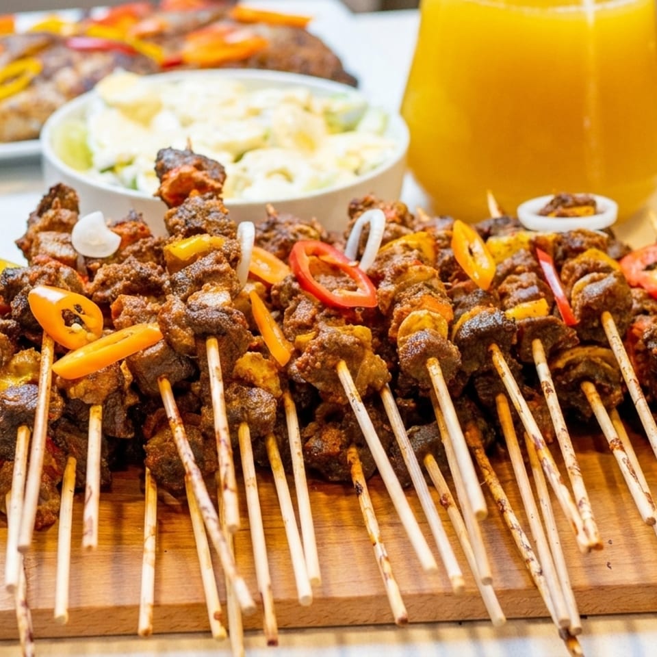Grilled meat skewers with peppers and onions on a wooden board, with drinks and salad in the background.
